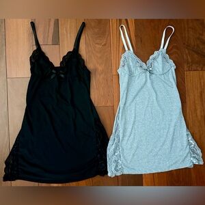 Elegant Lace Trim Nightgown Set - Black and Gray